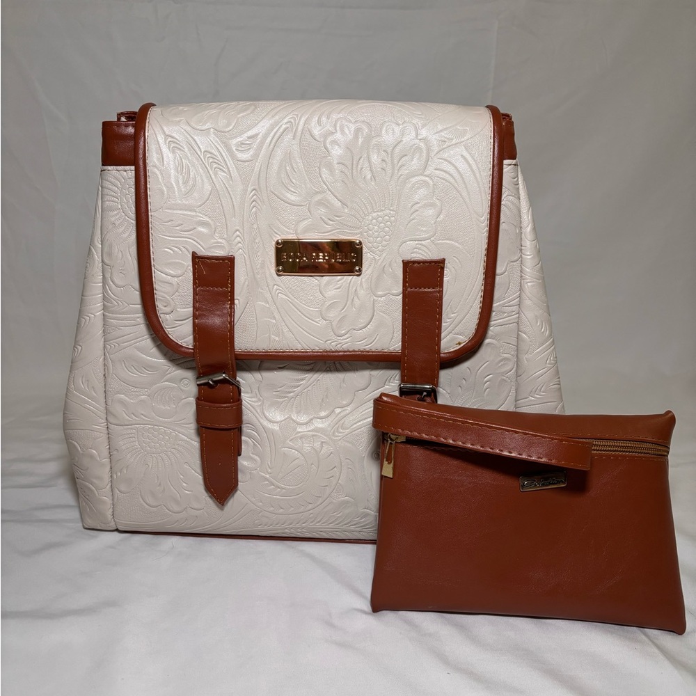 Elegant Cream and Brown Embossed Backpack Set
